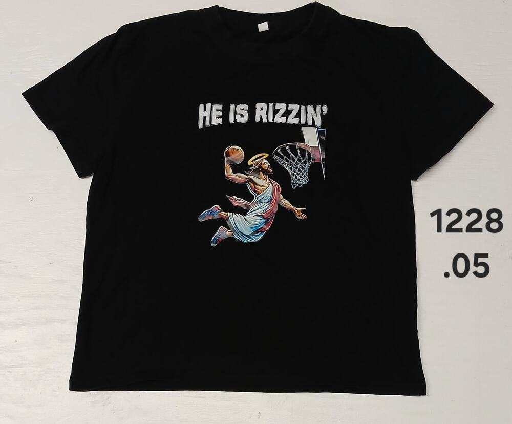 "He Is Rizzin " (XL) Black JESUS Basketball Crew Neck Tee